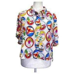 SUNBURST KISS Hawaiian Shirt Cropped Sz L Tropical Summer Beach Cocktails